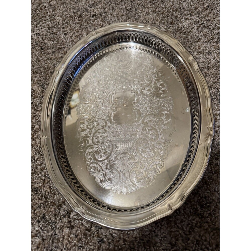 Vintage Oneida Silverplate Oval Serving Tray Pierced Gallery Floral Engraved USA
